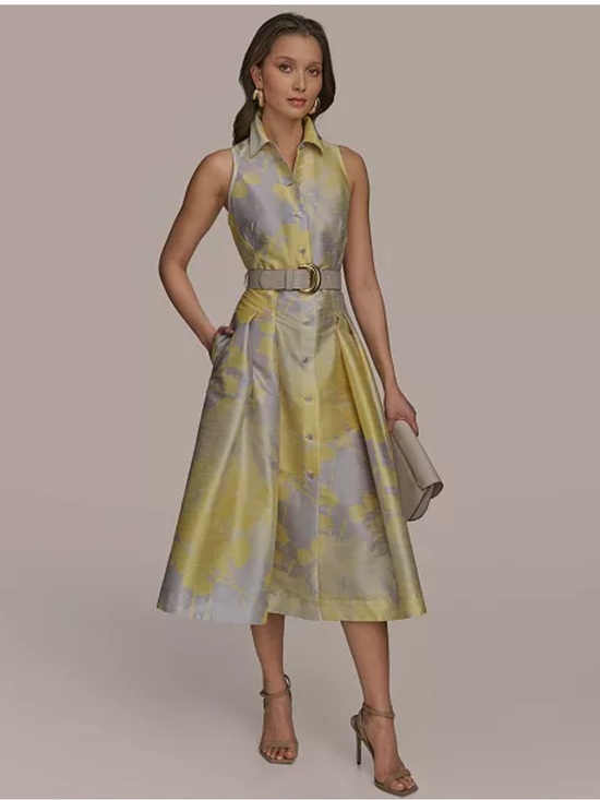 Donna Karan Dresses & Skirts - Donna Karan Yellow and Silver Floral Sleeveless Midi Dress